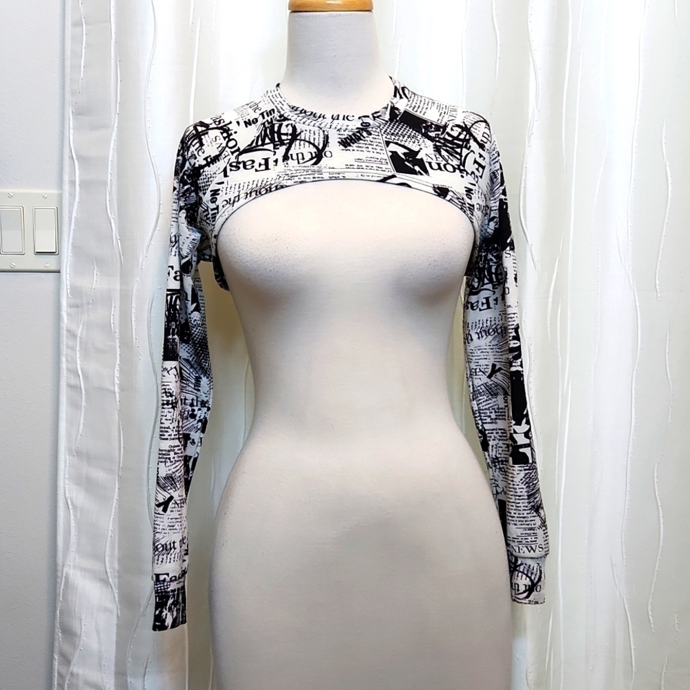 Almost Famous Graphic News Print Cropped Shrug
